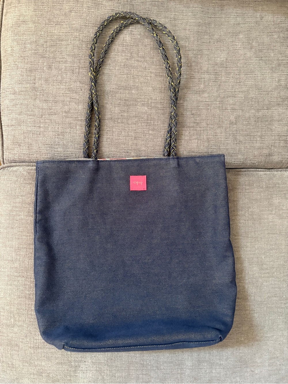 Vintage 90d Esprit Navy Tote Bag with Braided Handles and inner floral lining.